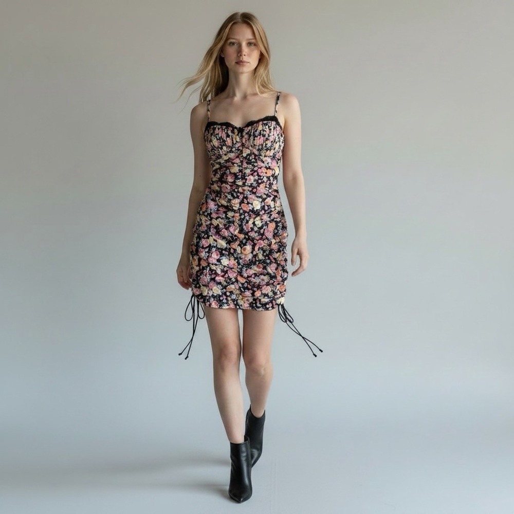 For Love & Lemons Floral Bustier Mini Dress Ruched Drawstring Women's M